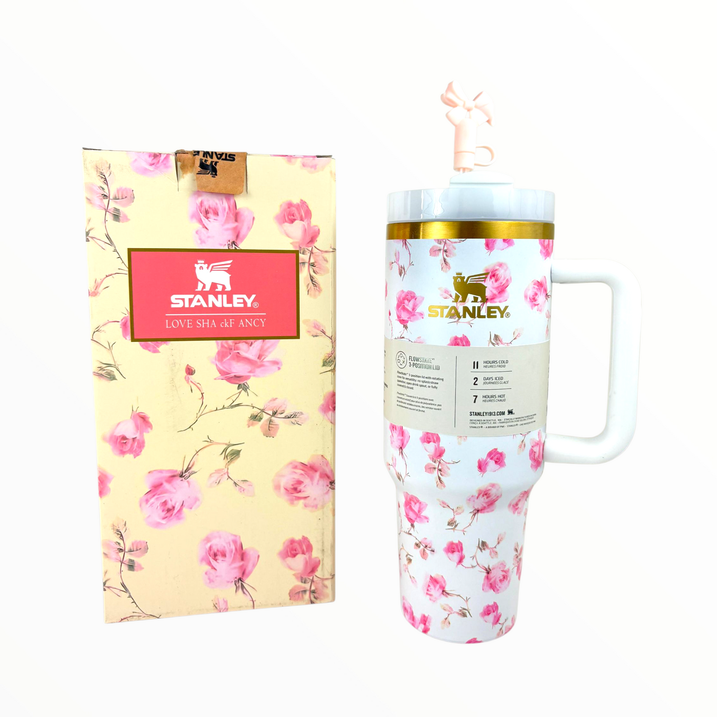 Stanley Quencher Floral Rose Edition – 1.2L Stainless Steel Insulated Tumbler with Handle & Straw (Romantic Flower Design)
