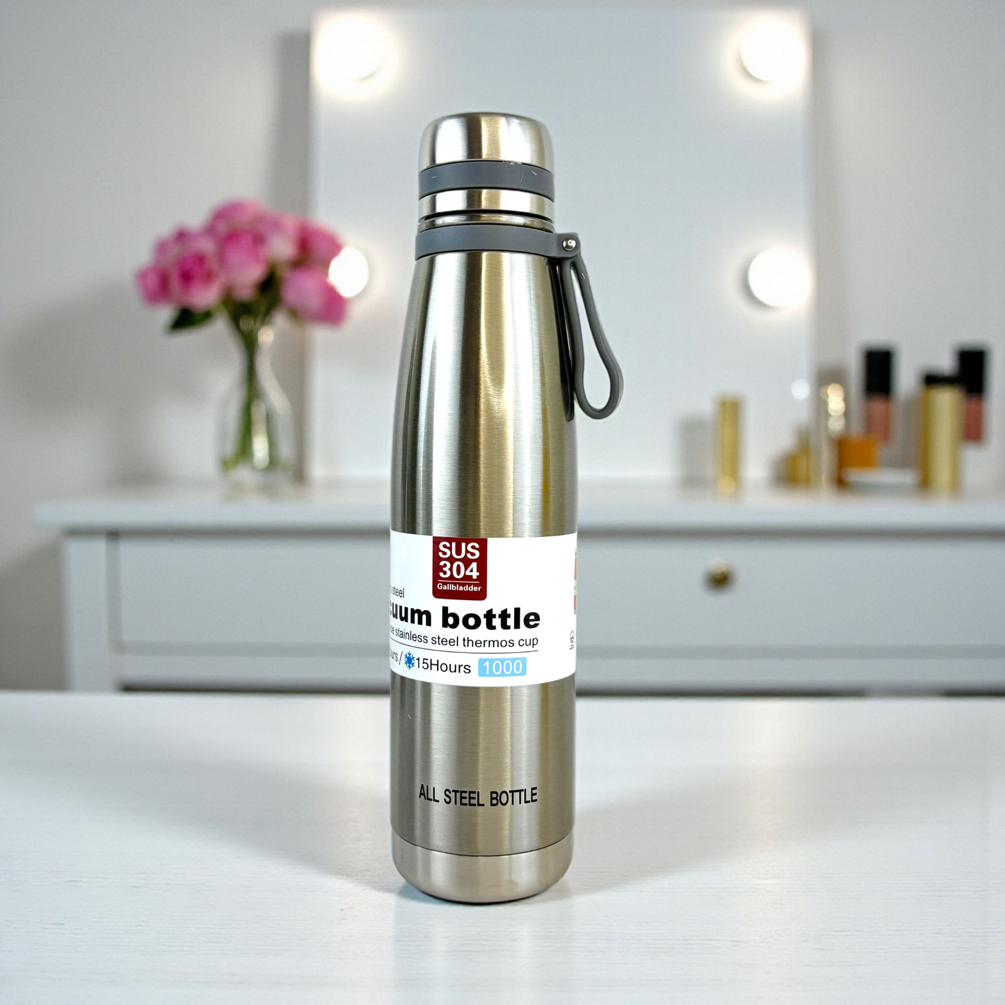 Silver Stainless Steel Thermos Bottle – 800ml Vacuum Insulated Hot & Cold Flask (SUS 304 Steel)