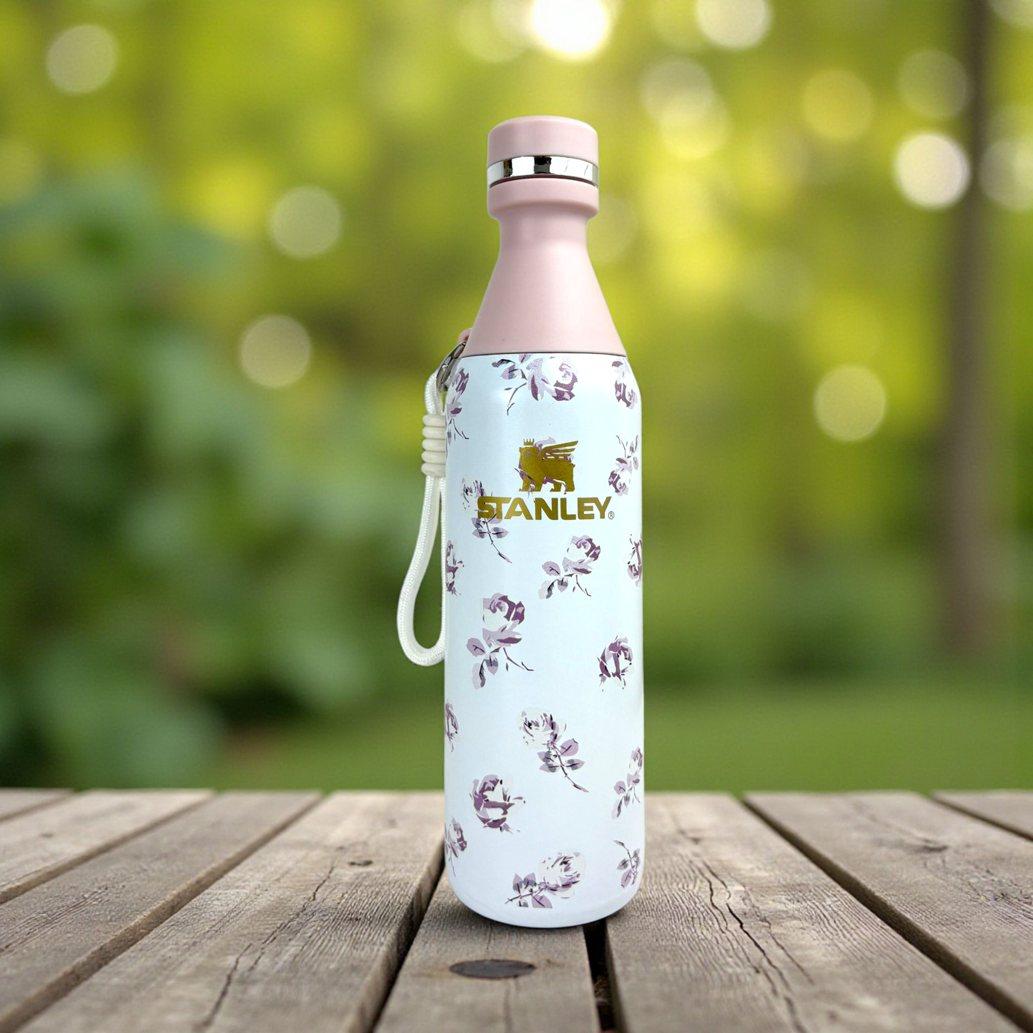 Stanley Floral Vacuum Bottle – 500ml Stainless Steel Insulated Water Bottle with Pink Lid & Handle Strap