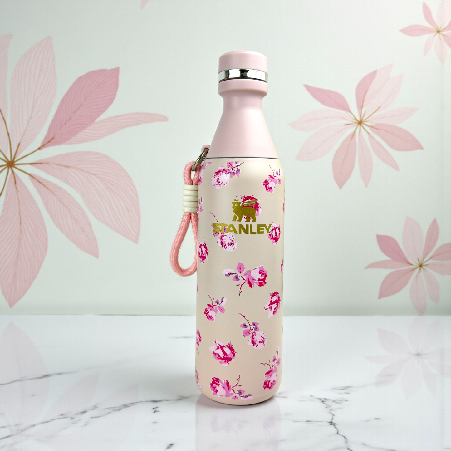 Stanley Pink Floral Vacuum Bottle โ 500ml Stainless Steel Insulated Water Bottle with Handle Strap