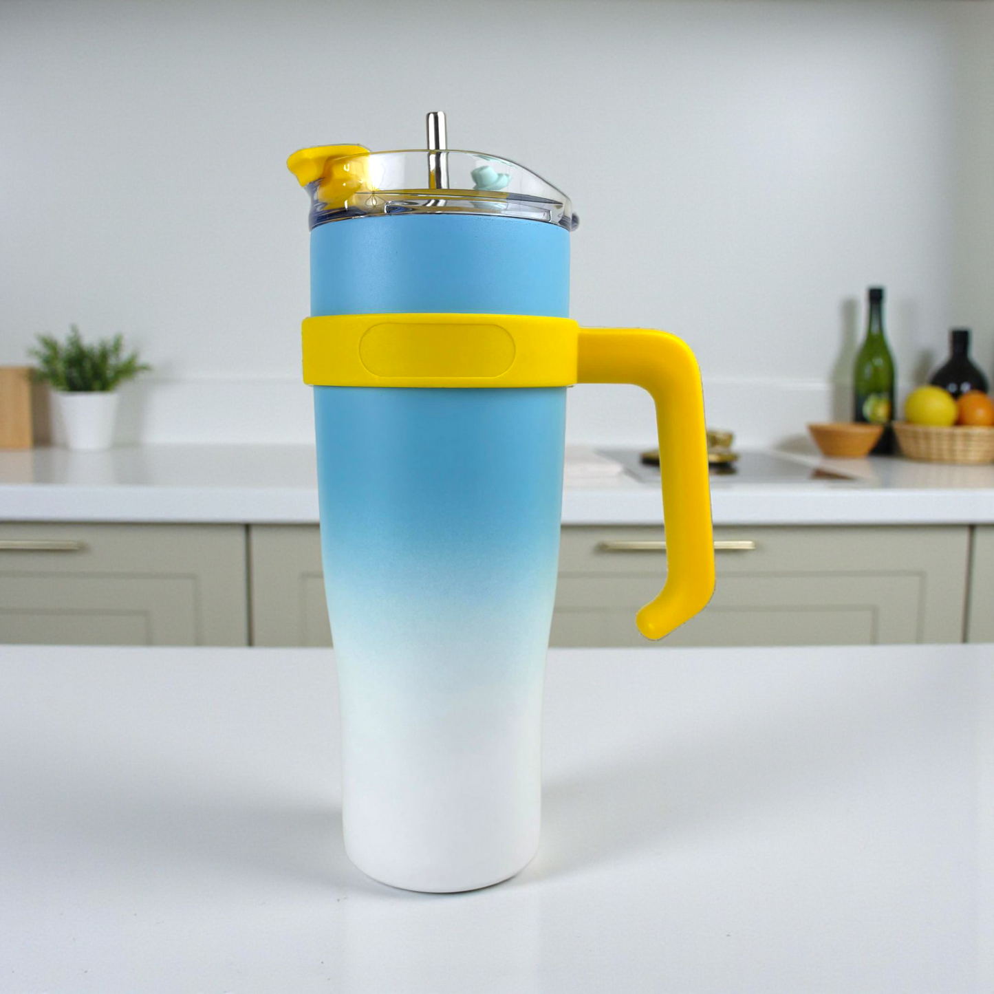 Gradient Blue & Yellow Tumbler โ 1.2L Insulated Stainless Steel Mug with Handle & Lid (Double Wall Cold & Hot Cup)