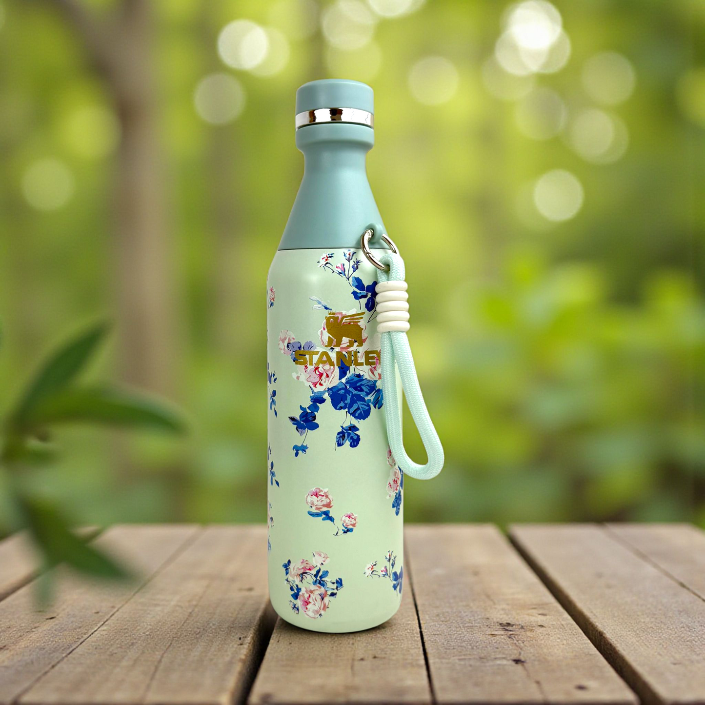 Stanley Floral Mint Vacuum Bottle โ 500ml Stainless Steel Insulated Water Bottle with Strap & Blue Flower Print