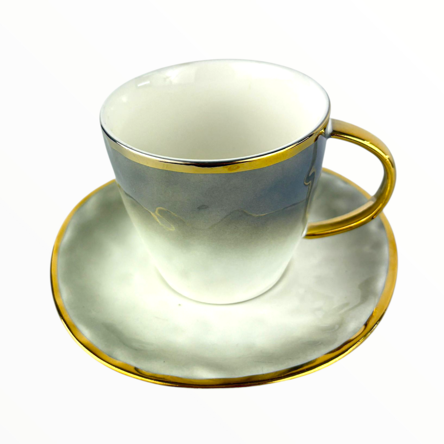 Elegant Grey Porcelain Cup with Saucer – Gold Rim & Handle Coffee Set 12pcs