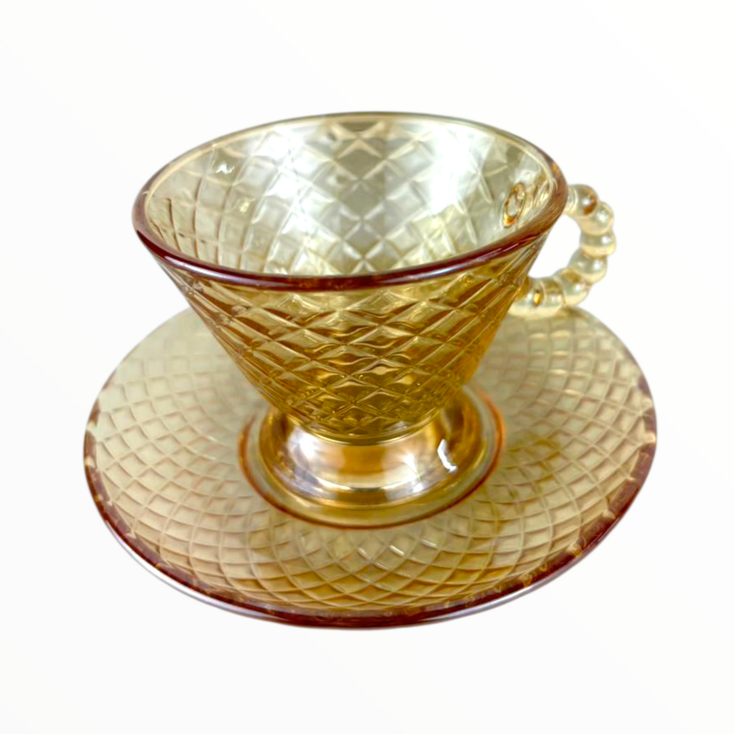 Diamond-Cut Amber Glass Cup with Saucer – Vintage Style Tea & Coffee Set 12 pcs