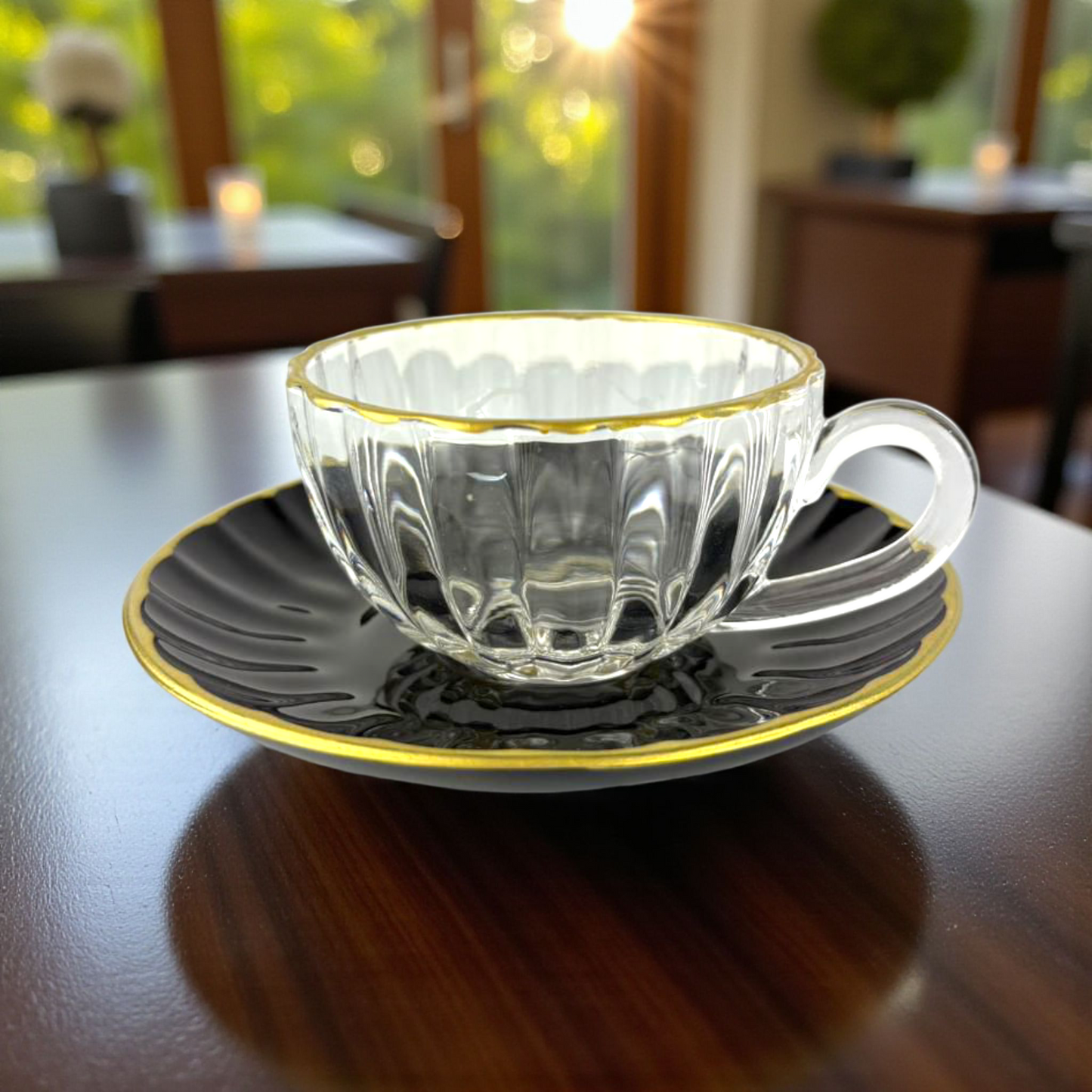 Clear Glass Coffee Cup with Black Saucer – Gold Rim Elegant Espresso Set 12pcs