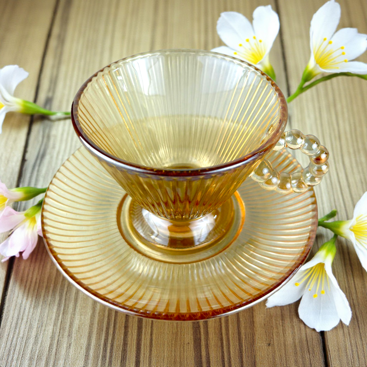Ribbed Amber Glass Cup with Saucer – Elegant Vintage Coffee & Tea Set 12pcs