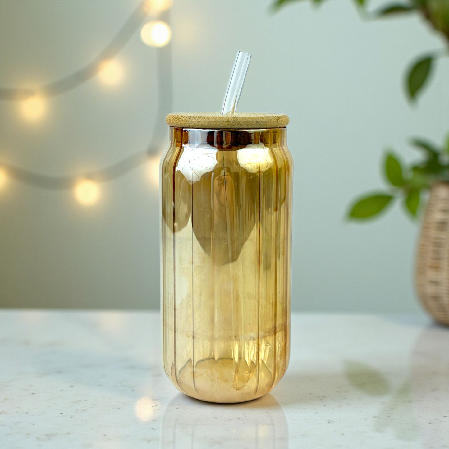 Amber Glass Cup with Bamboo Lid & Glass Straw – Eco-Friendly Iced Coffee Cup