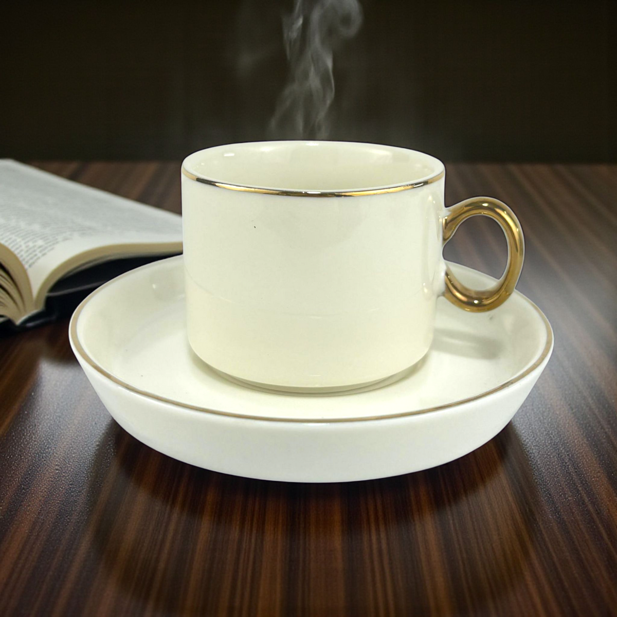 White Ceramic Coffee Cup & Saucer with Gold Handle – Elegant Minimal Tea Set