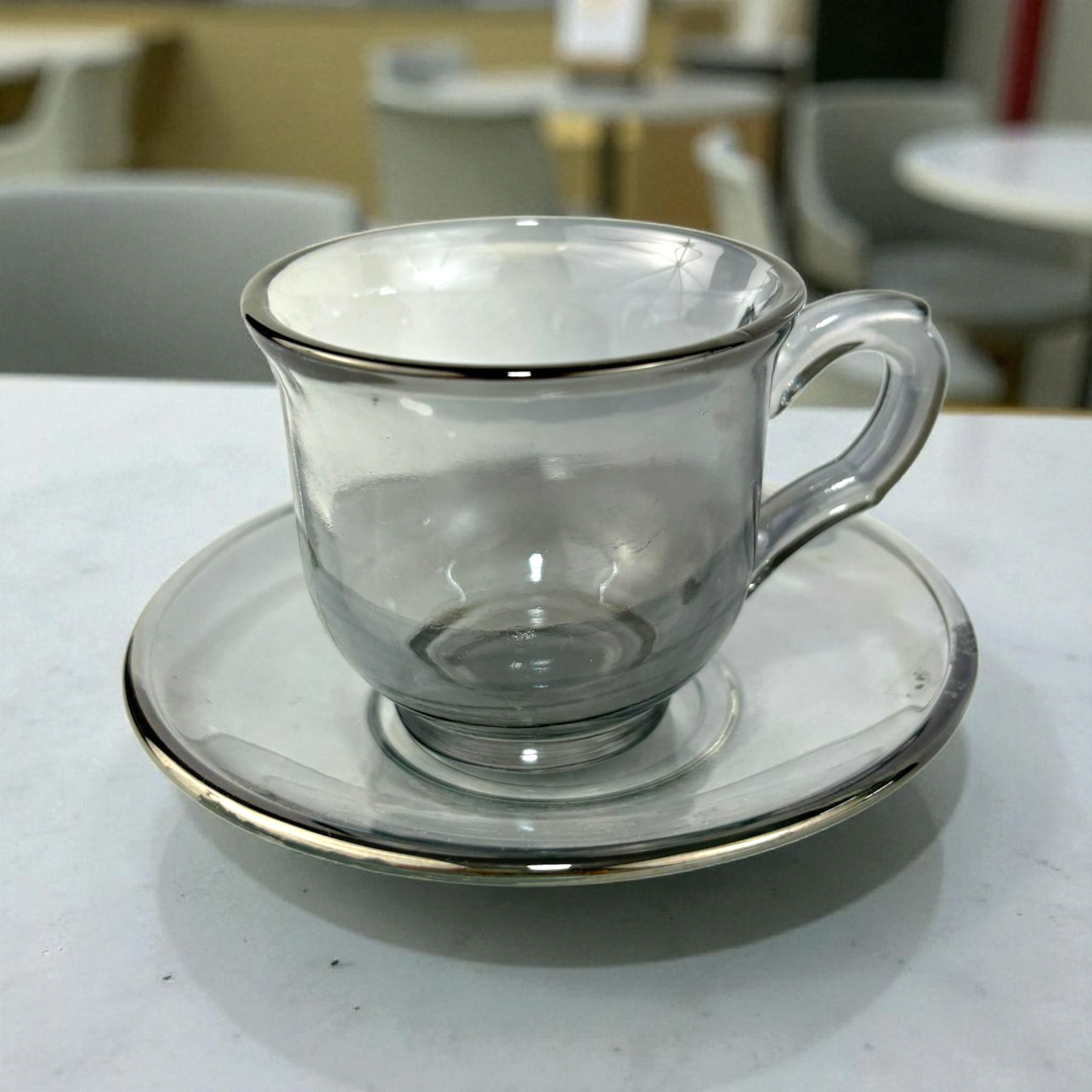Smoky Glass Coffee Cup with Saucer – Modern Transparent Espresso Set 6 pcs