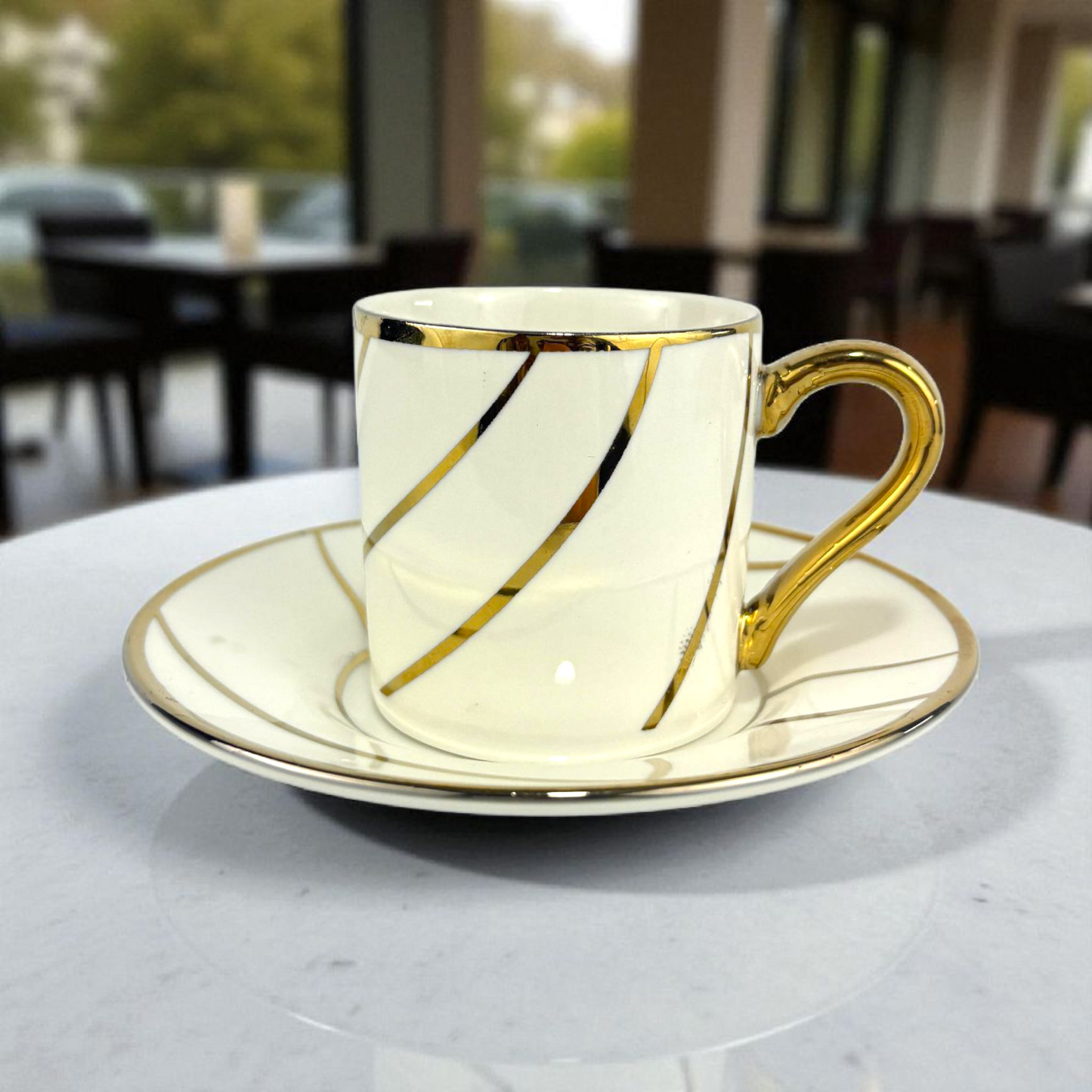 White Porcelain Espresso Cup with Gold Handle & Lines – Elegant Coffee Set 12pcs