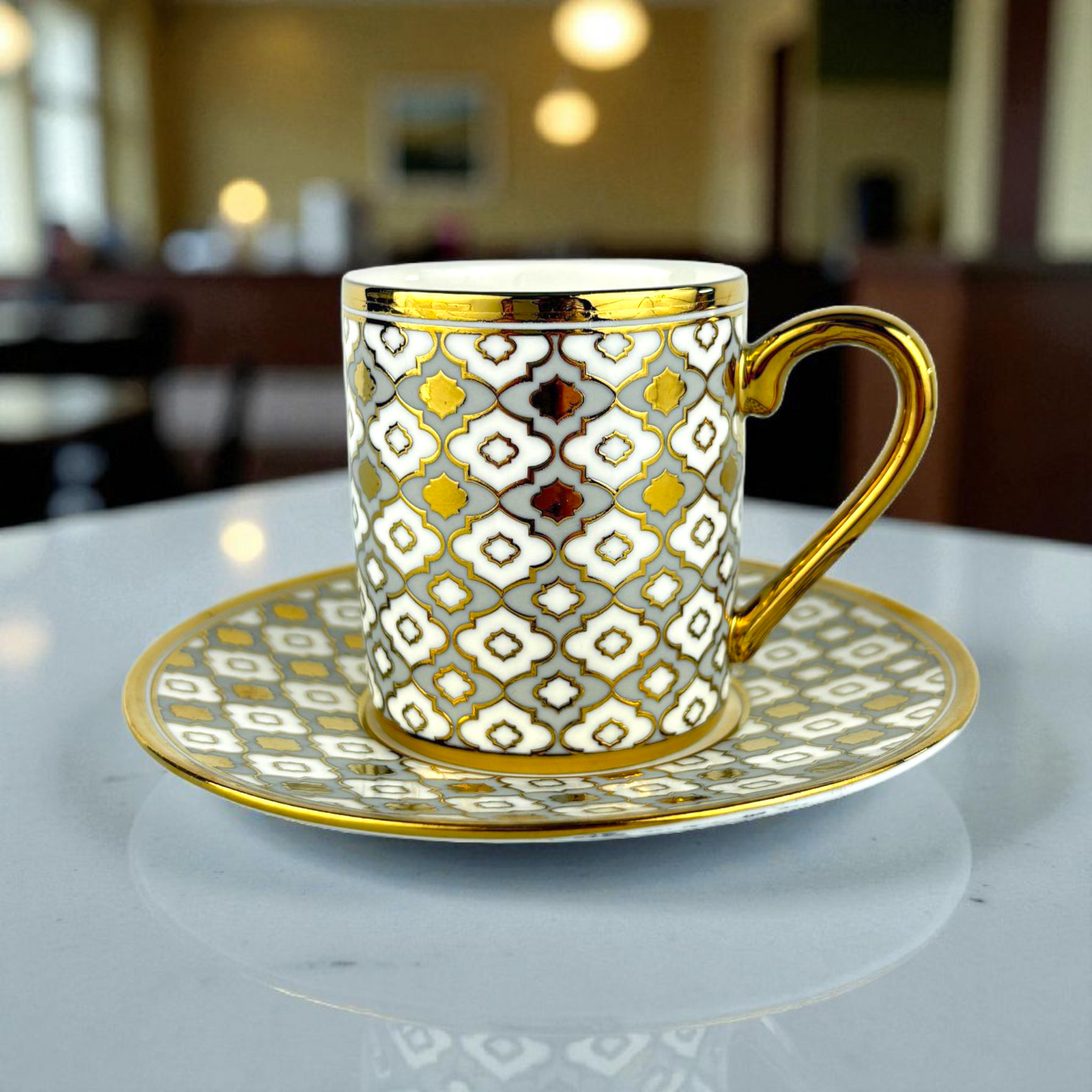 Luxury Moroccan-Style Gold Porcelain Coffee Cup & Saucer – Elegant Geometric Espresso Set 12pcs