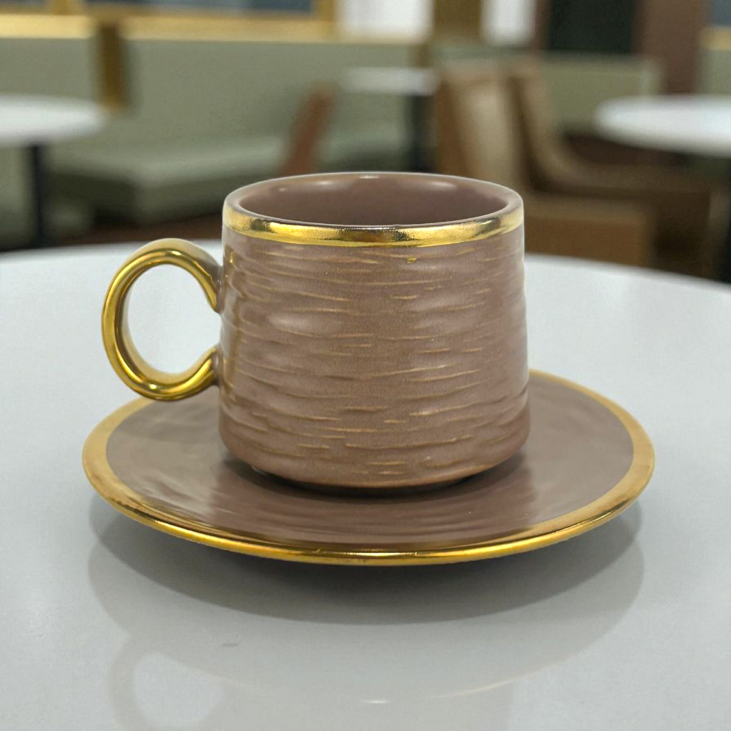 Matte Brown Ceramic Coffee Cup with Gold Handle & Saucer – Modern Luxury Espresso Set 12pcs