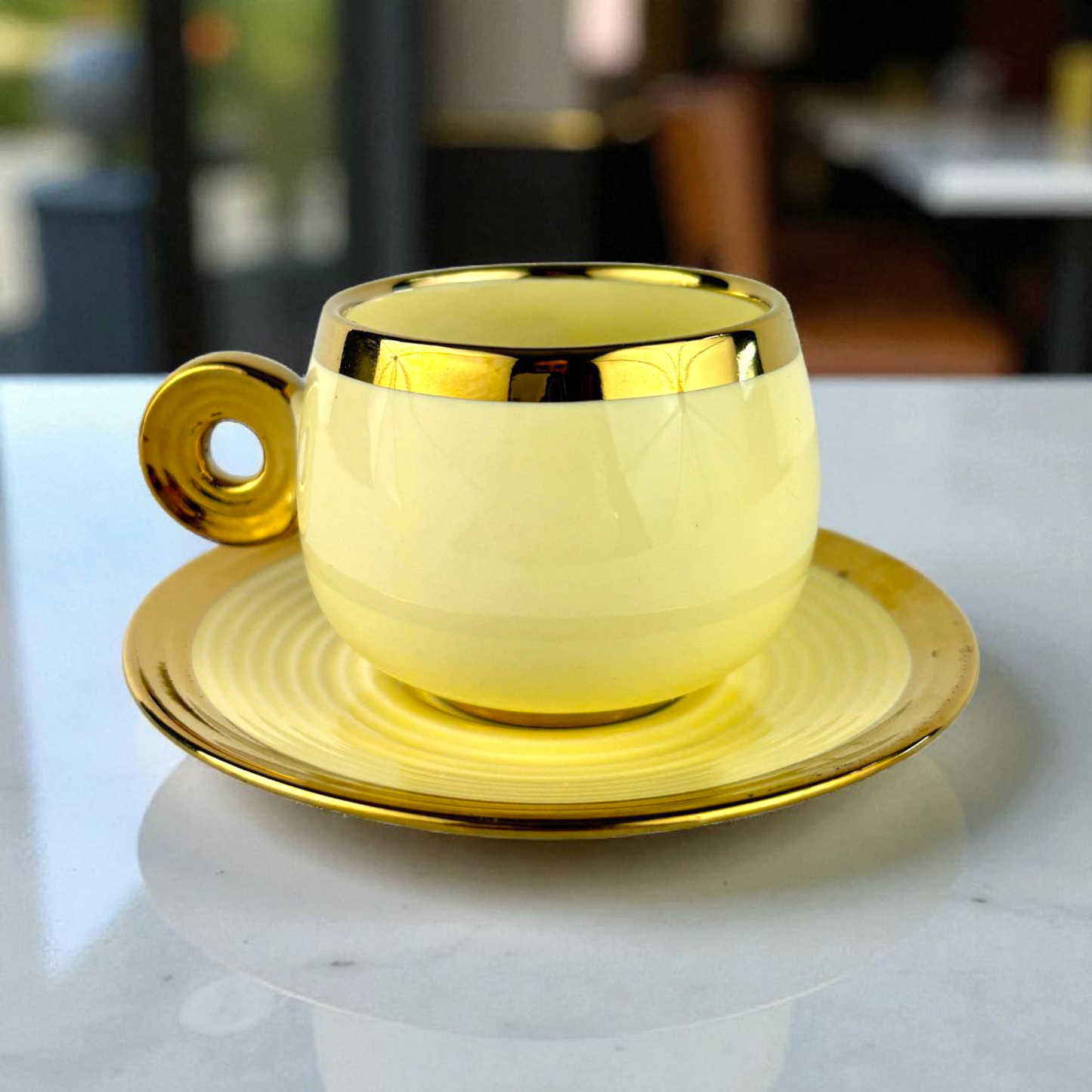 Yellow Porcelain Coffee Cup with Gold Rim & Handle – Luxury Espresso Set