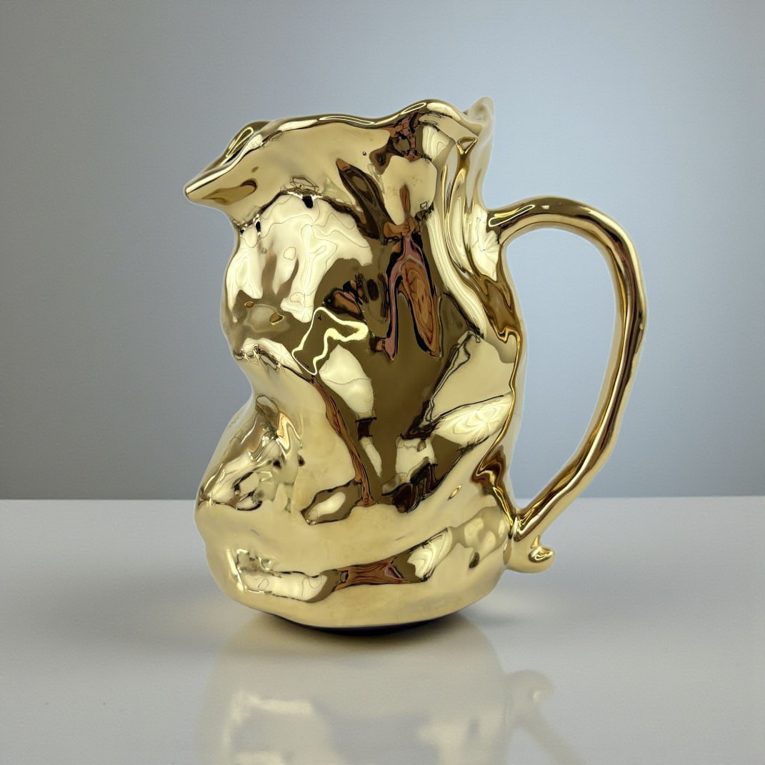 Abstract Gold Ceramic Pitcher Vase – Modern Decorative Sculptural Jug