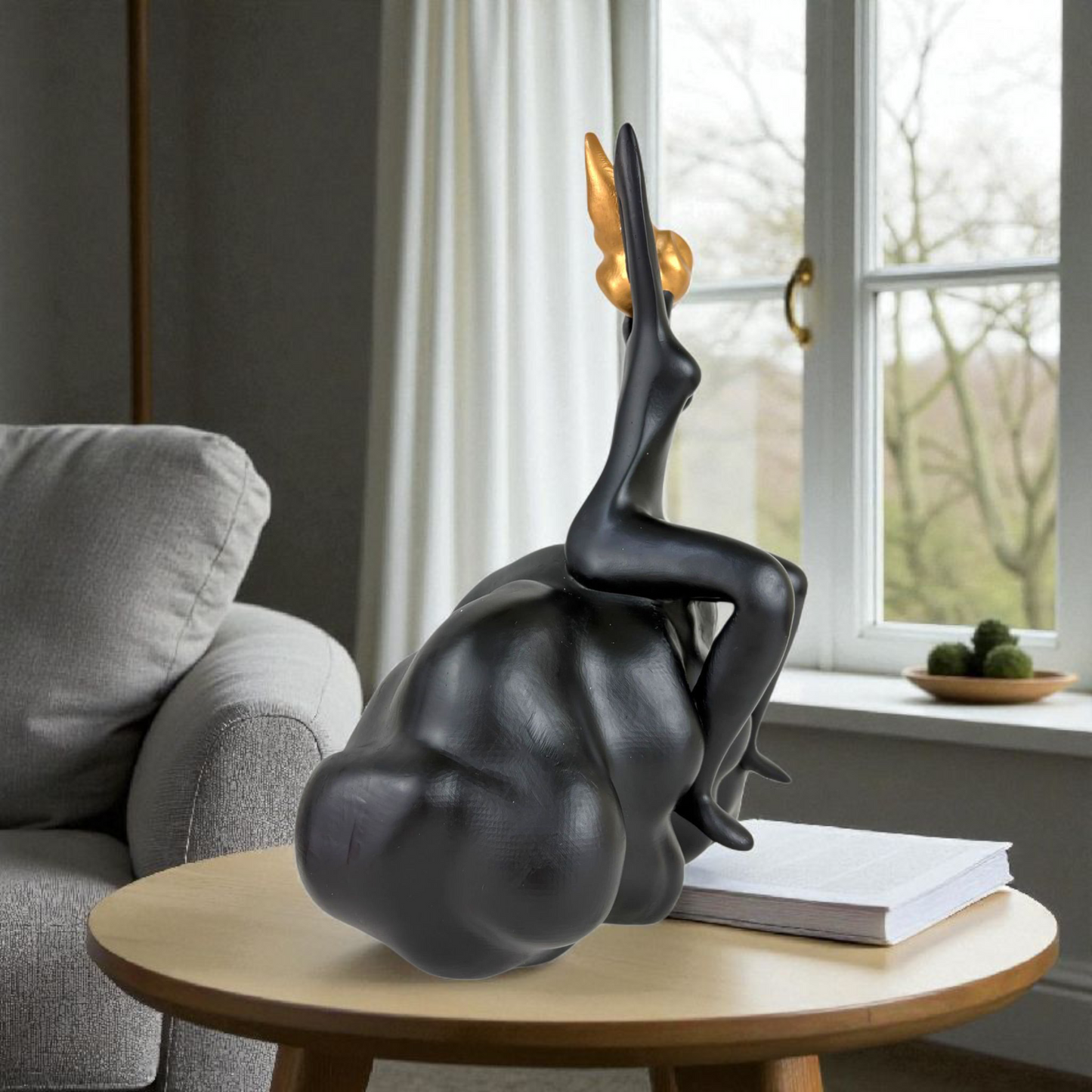 Black Abstract Lady Sculpture with Gold Butterfly – Modern Home Decor Accent