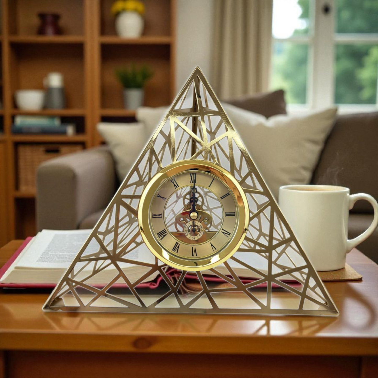 Pyramid Shape Golden Table Clock – Modern Metal Geometric Decor