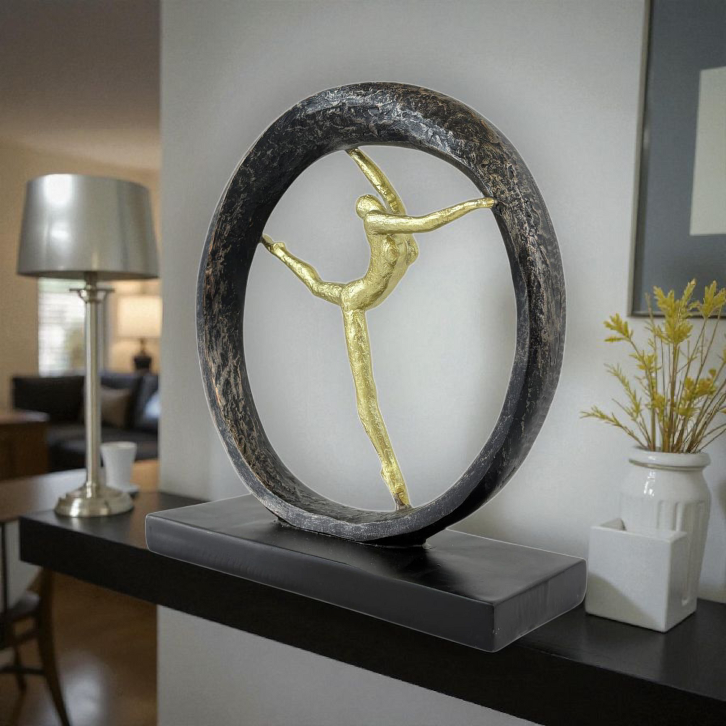 Golden Ballet Dancer Statue in Circle – Modern Abstract Home Decor