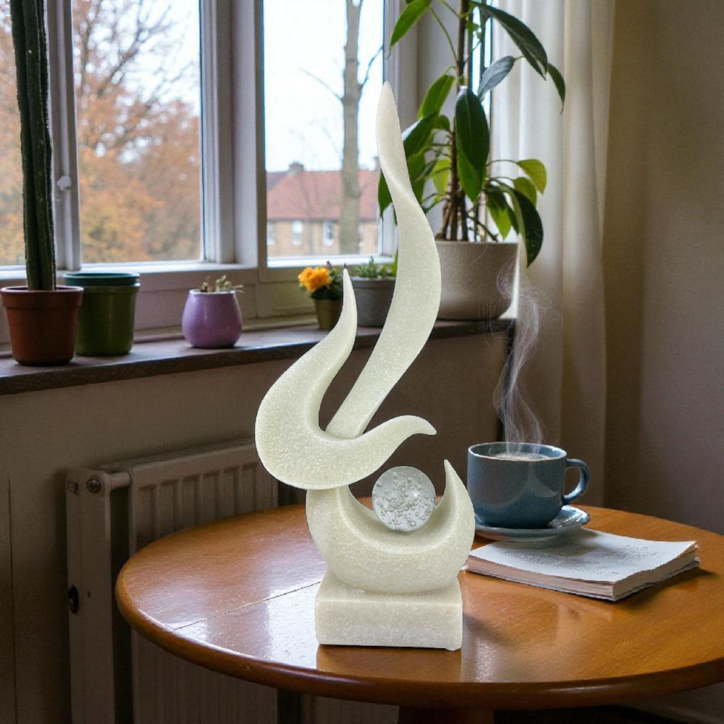 White Abstract Flame Sculpture with Crystal Sphere – Modern Home Decor