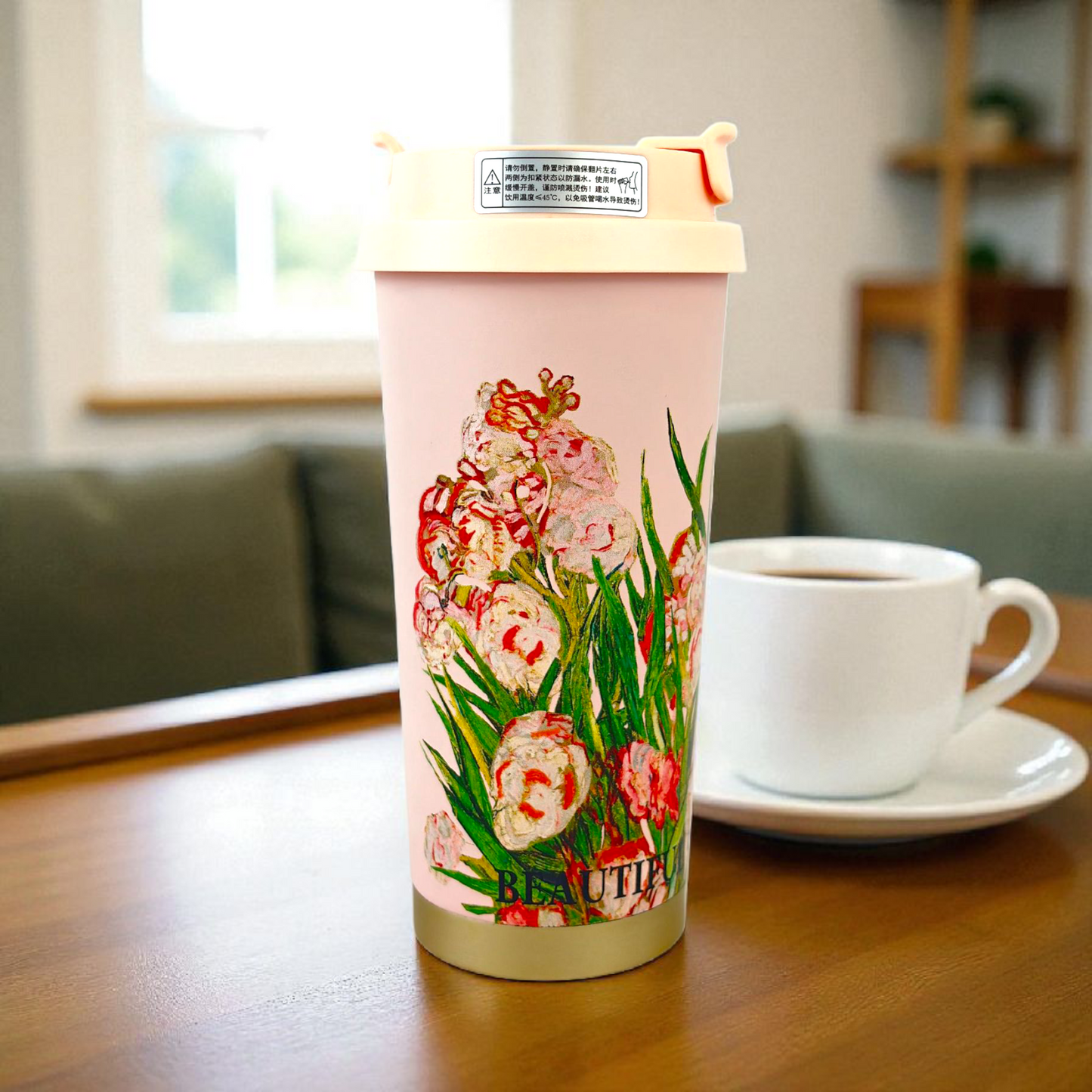 Floral Travel Tumbler – Double-Wall Insulated Coffee Cup with Leak-Proof Lid (Pink Design)