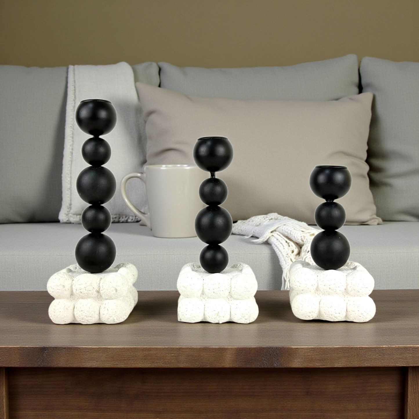 Modern Black Sphere Sculptures on Textured Stone Base – Abstract Minimalist Decor Set (3 Pieces)