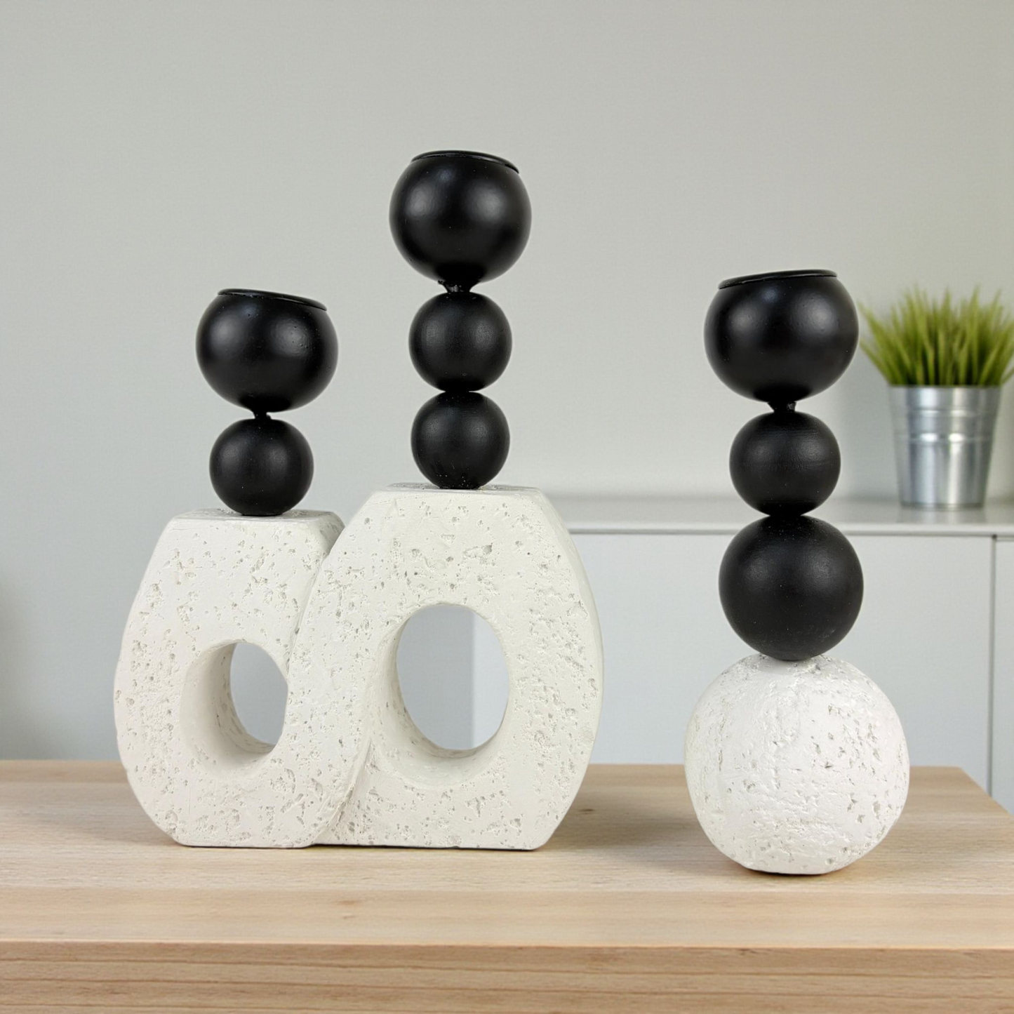 Modern Black & White Geometric Candle Holder Set – Minimalist Sculptural Home Decor (3-Piece Set)