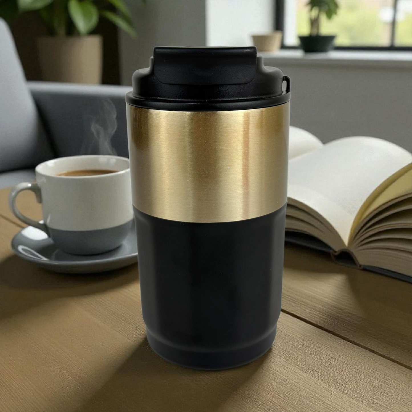 Premium Travel Coffee Tumbler with Handle Strap – Double Wall Leak-Proof Thermal Cup (black & Gold)