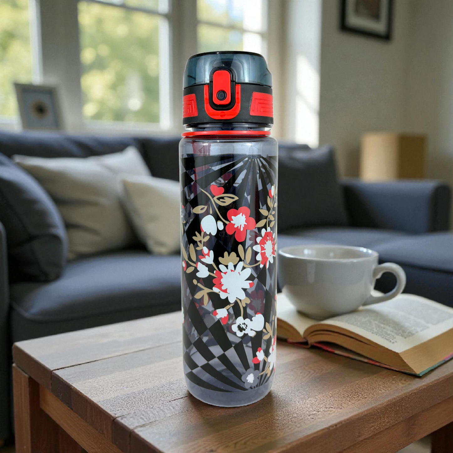 Floral Leak-Proof Sports Water Bottle with Strap – BPA-Free Hydration Bottle (Black & Red)