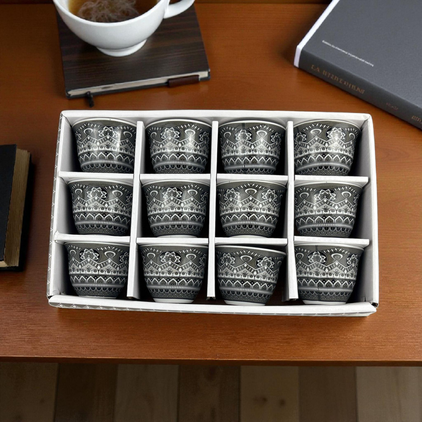 12-Piece Arabic Coffee Cups Set – Premium Ceramic Finjan with Traditional Grey Arabian Pattern