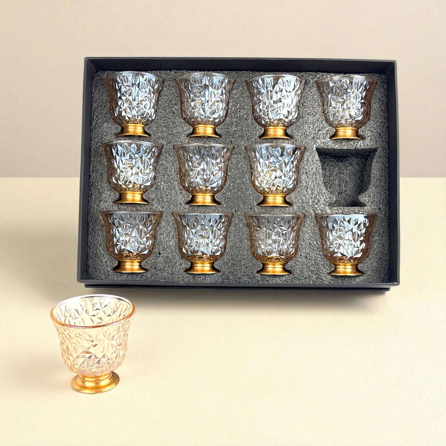 12-Piece Crystal brown Arabic Coffee Cups – Diamond Cut Finjan Set with Gold Base