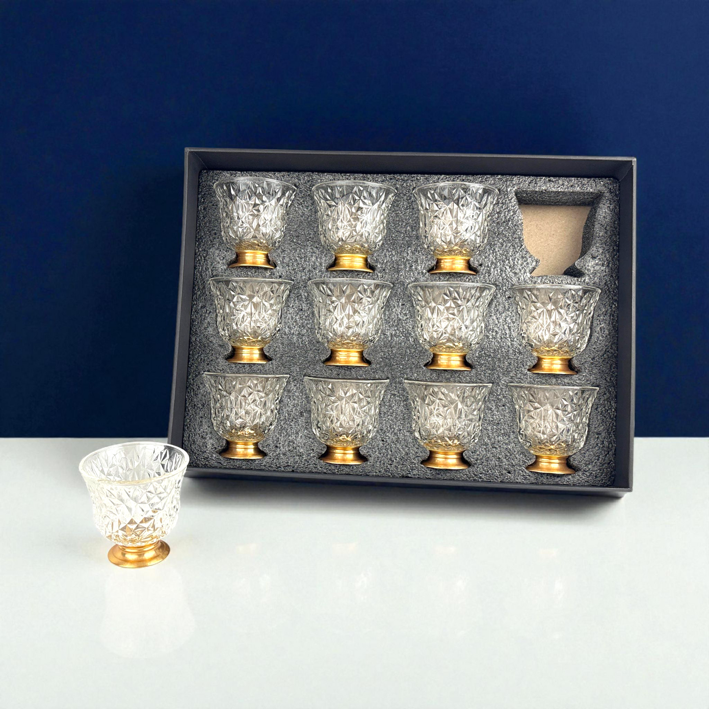 12-Piece Crystal clear Arabic Coffee Cups – Diamond Cut Finjan Set with Gold Base