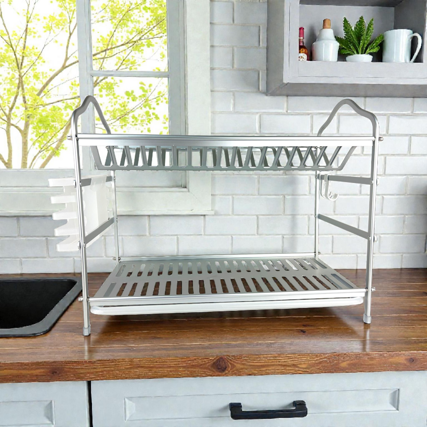 2-Tier Stainless Steel Dish Drying Rack with Utensil Holder & Drip Tray – Large Capacity Kitchen Organizer