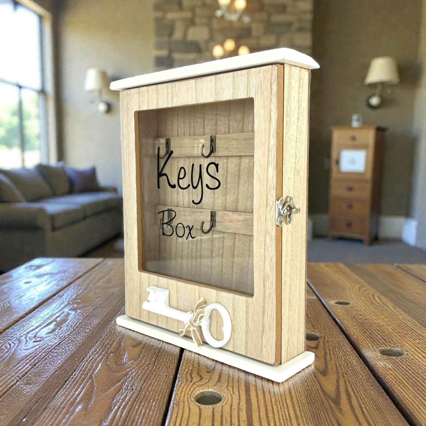 Wooden Wall-Mounted Key Box with Glass Door – Rustic Key Organizer Cabinet