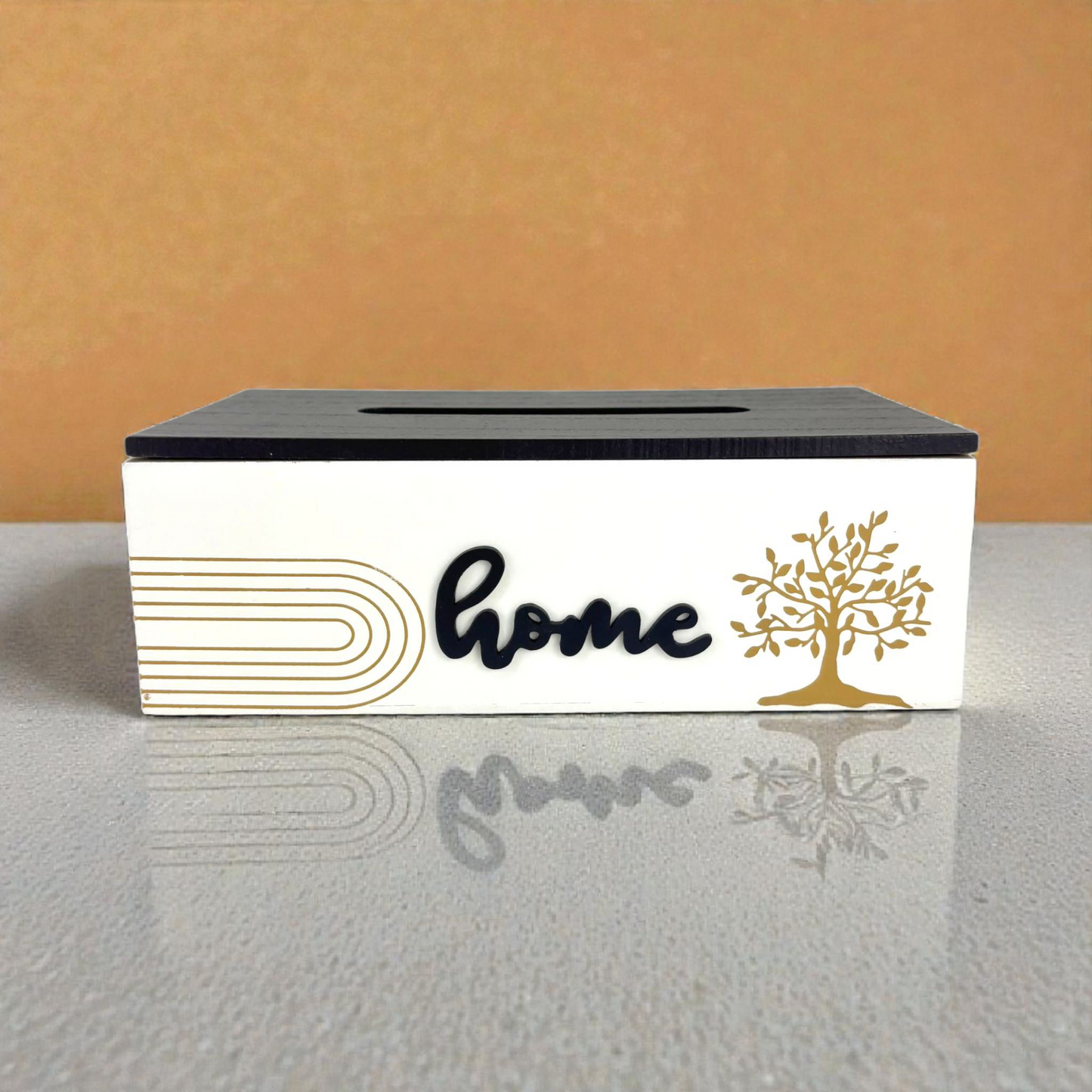 Modern Wooden Tissue Box Holder – “Home” Design with Golden Tree & Minimal Lines
