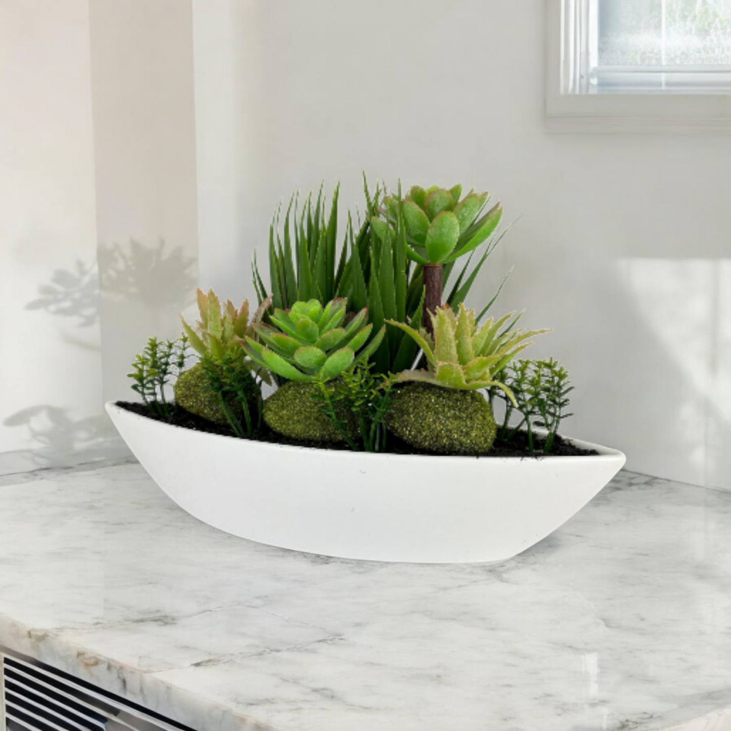 Artificial Succulent Arrangement in White Boat-Shaped Pot – Modern Faux Green Succulents Decor