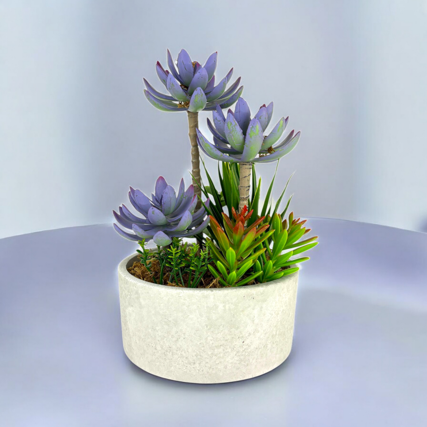 Artificial Succulent Arrangement in Round Pot – Faux Purple & Green Succulents Home Decor