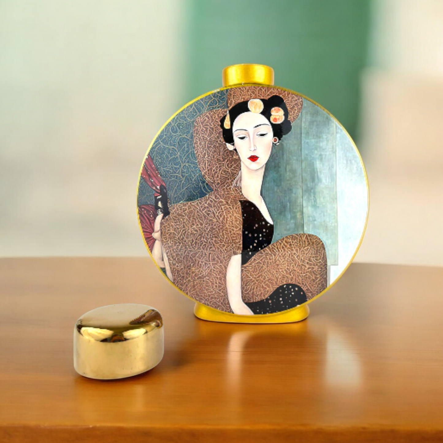 Round Decorative Jar – Elegant Woman Art Vase with Gold Lid