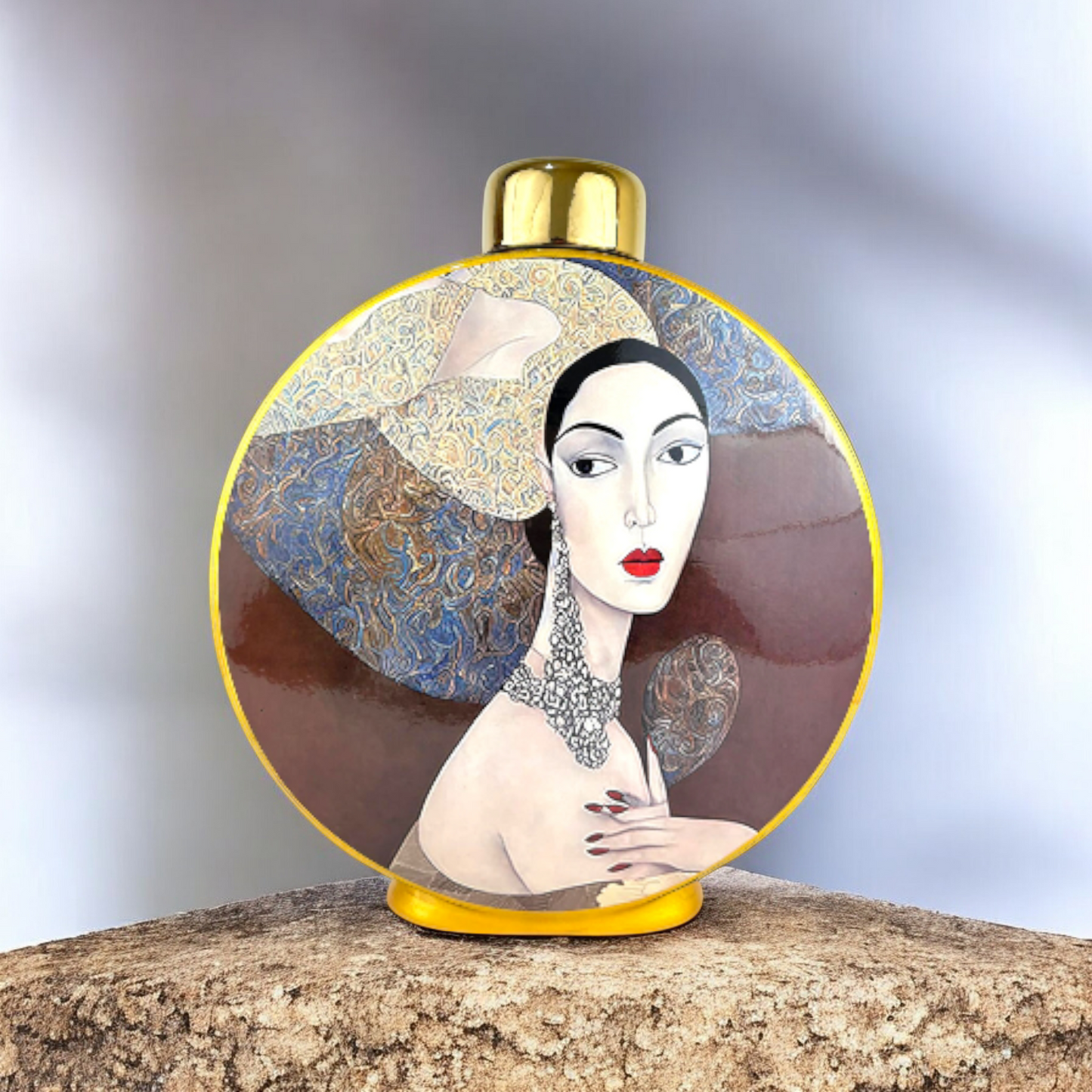 Round Artistic Woman Decorative Jar – Luxury Portrait Vase with Gold Lid