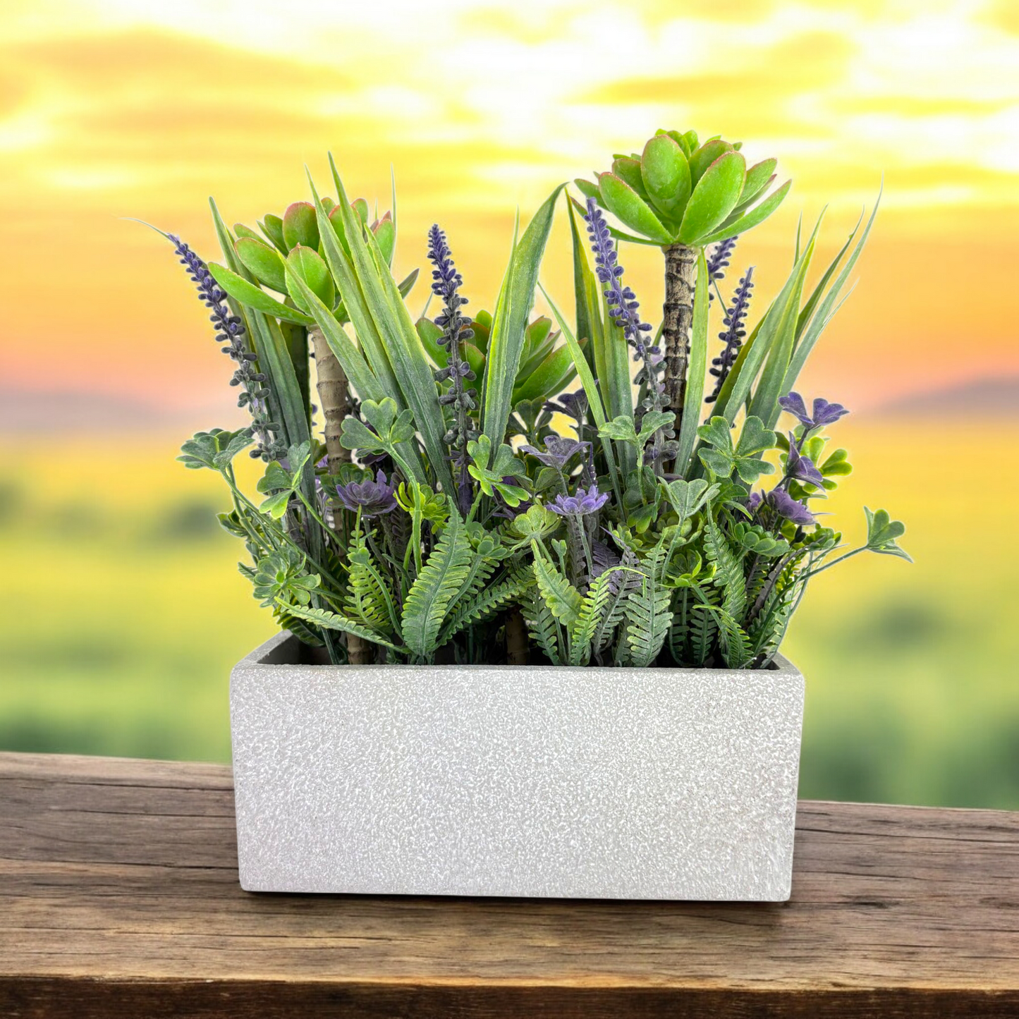 Artificial Greenery Arrangement in Rectangular Pot – Mixed Faux Plants & Succulents Decoration