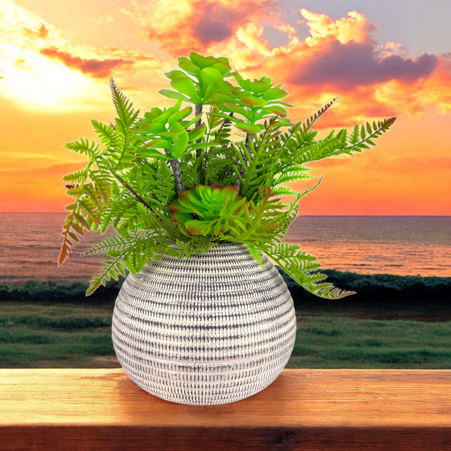 Artificial Greenery Arrangement in round Pot – Mixed Faux Plants & Succulents Decoration