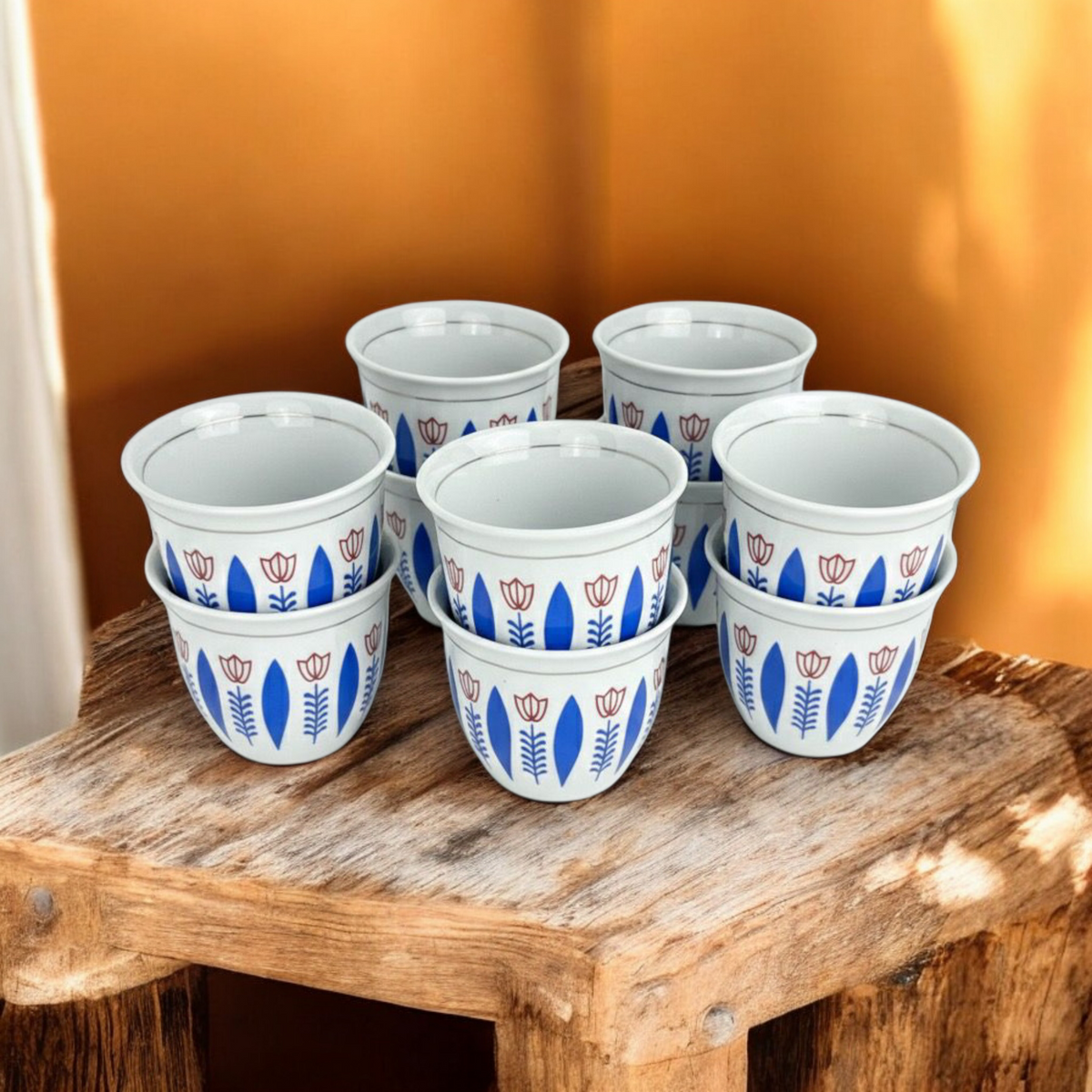 Traditional Arabic Coffee Cup – White Ceramic Finjan with Blue & Red Floral Design set 12 pcs