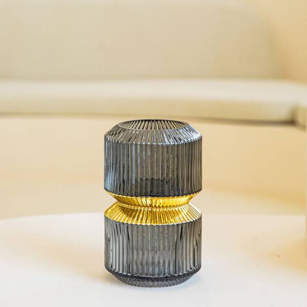 Luxury Ribbed Glass Vase – Grey with Gold Accent