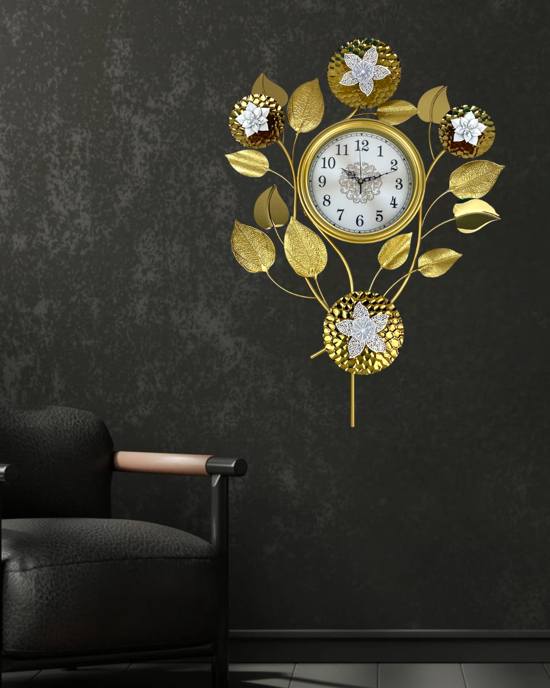 Luxury Floral Gold Wall Clock – Decorative Metal Design