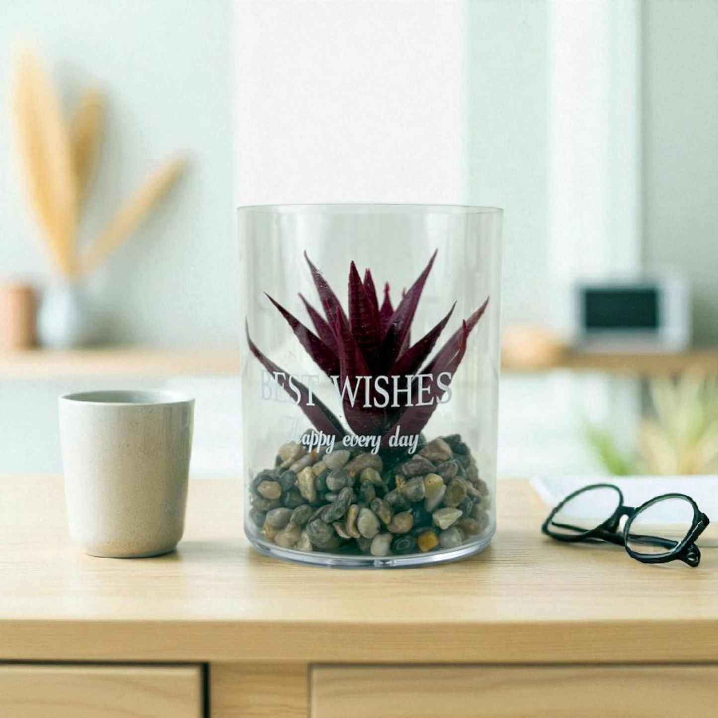 Artificial Succulent in Glass Vase – Red Aloe with Pebbles & Best Wished Quote