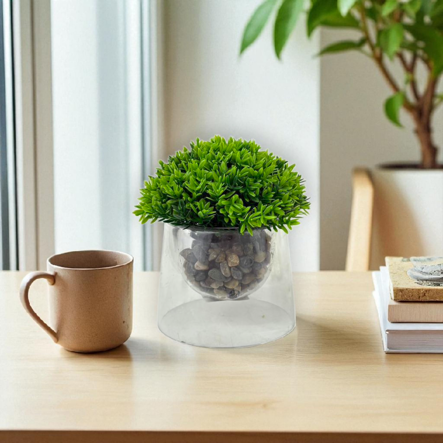 Artificial Green Shrub in Clear Glass Pot with Pebbles – Tabletop Décor