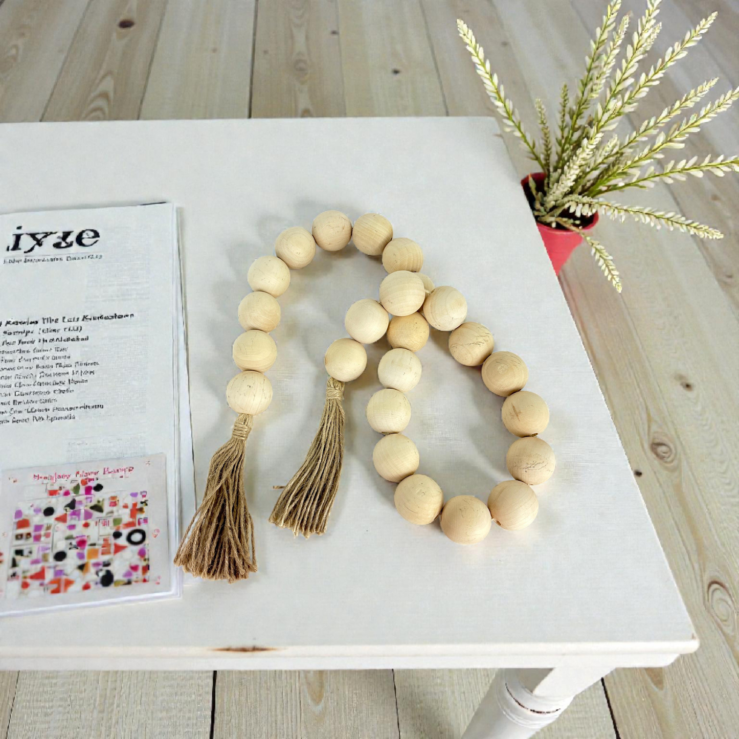 Natural Wooden Bead Garland with Tassel – Boho Home Décor Accent