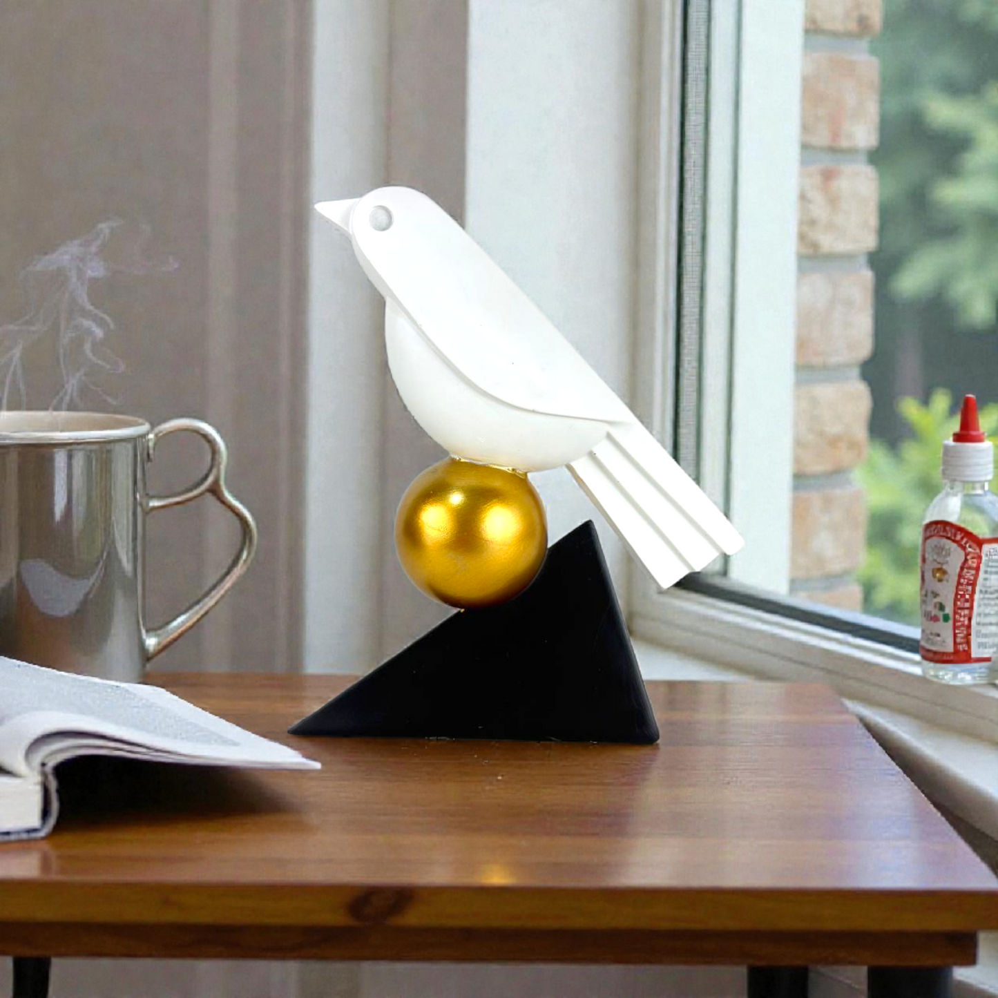 Modern Abstract Bird Sculpture – White Bird on Gold Sphere Home Decor Accent