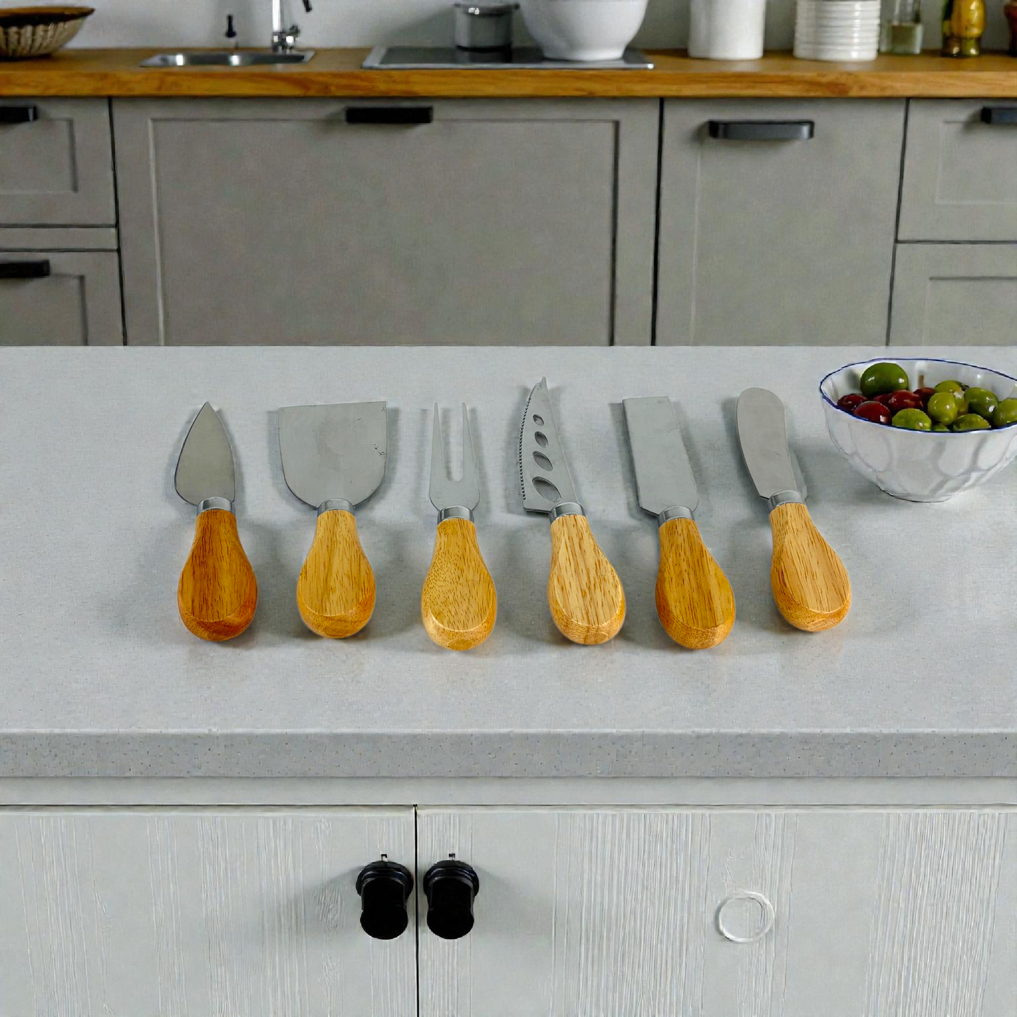Cheese Knife Set with Wooden Handles (6 Pieces) – Stainless Steel Cheese Tools for Serving & Entertaining