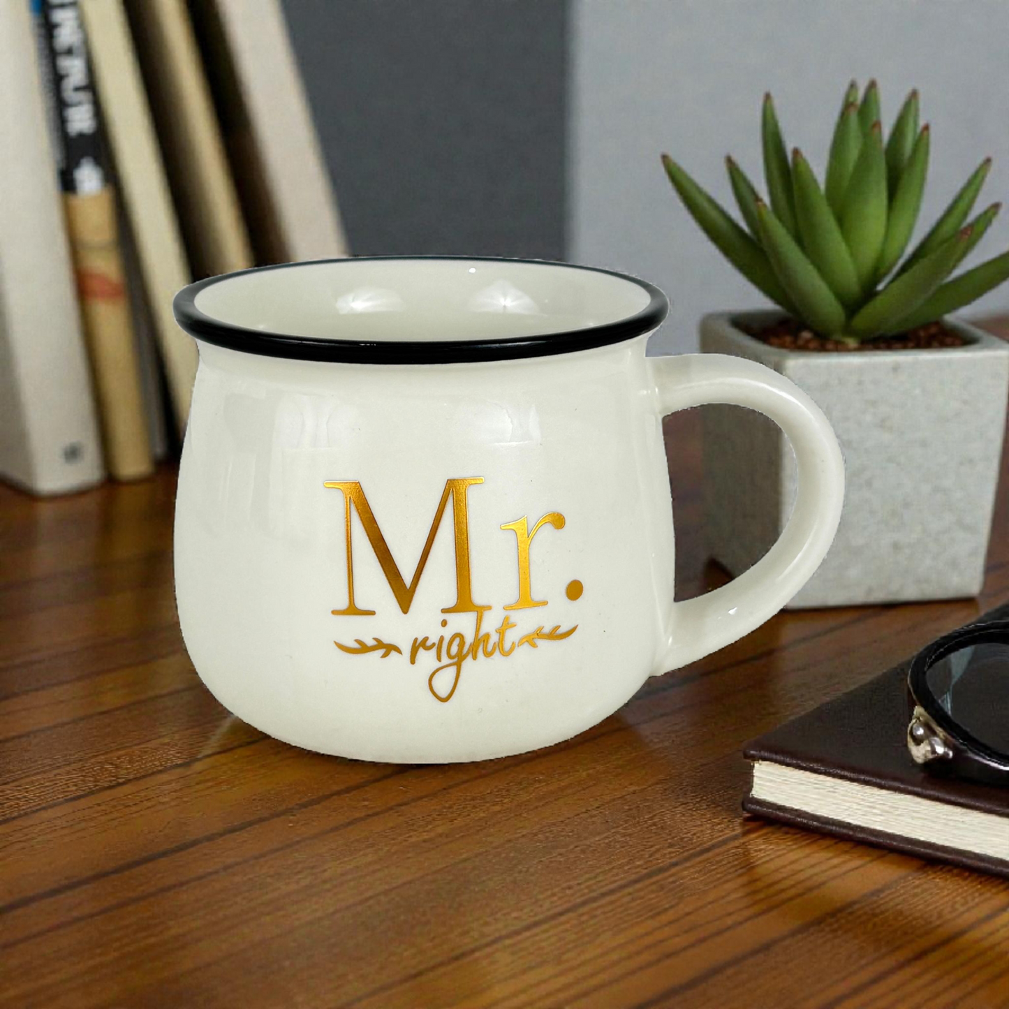 Mr. Right Ceramic Mug – Elegant White Coffee Cup with Gold Print