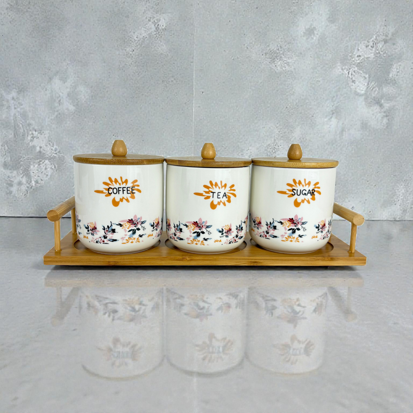 Ceramic Coffee, Tea & Sugar Canister Set with Bamboo Stand