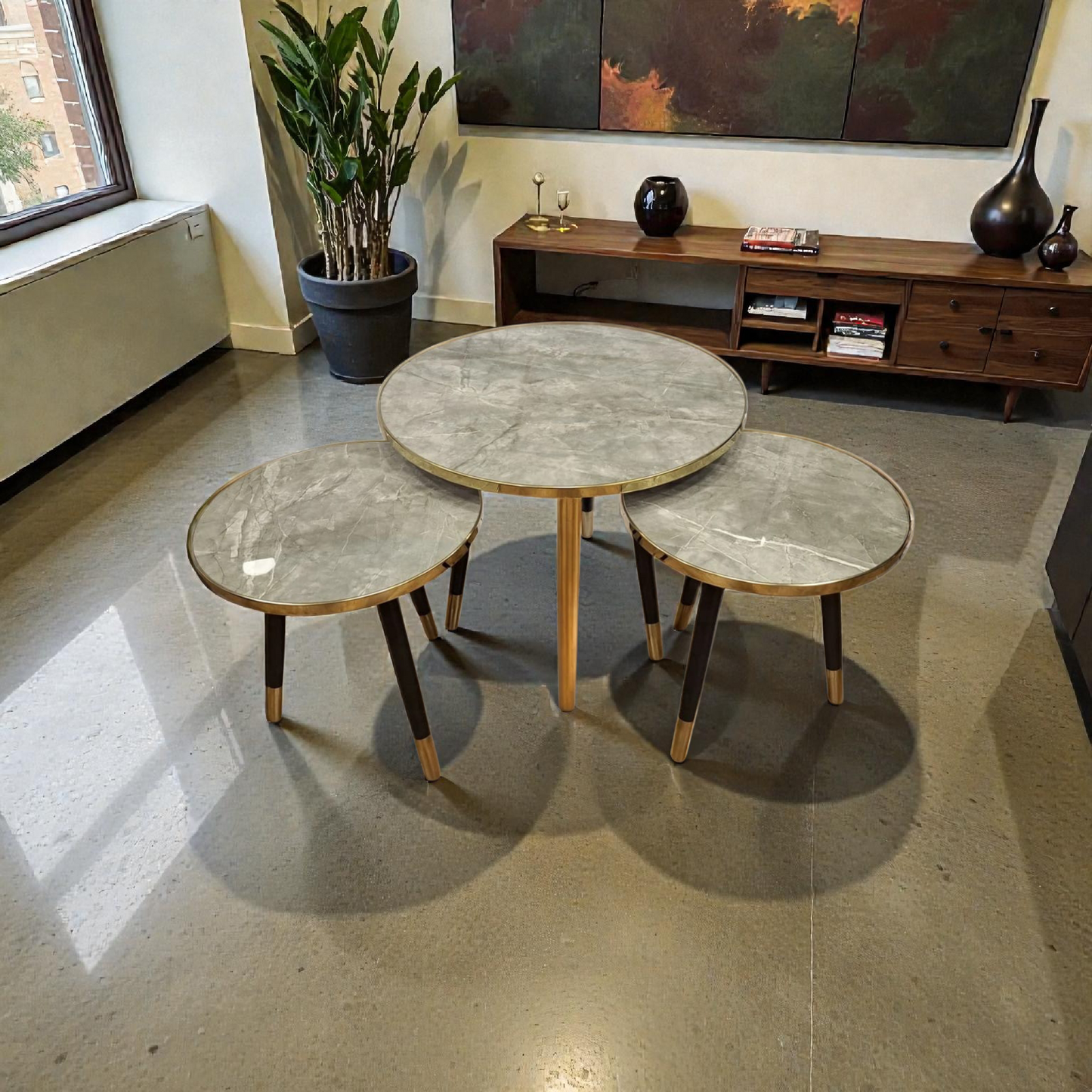 Grey Marble Nesting Tables Set – Round Coffee Tables with Gold Trim (45 & 55 cm)